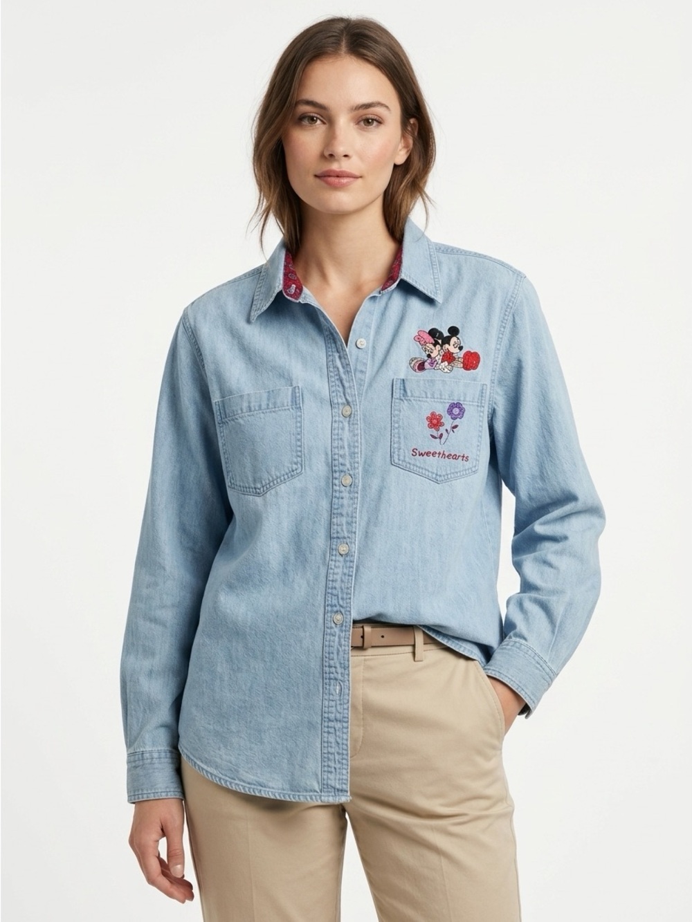 Disney Vintage Mickey Minnie Sweethearts Embroidered Denim Shirt Light Wash XL